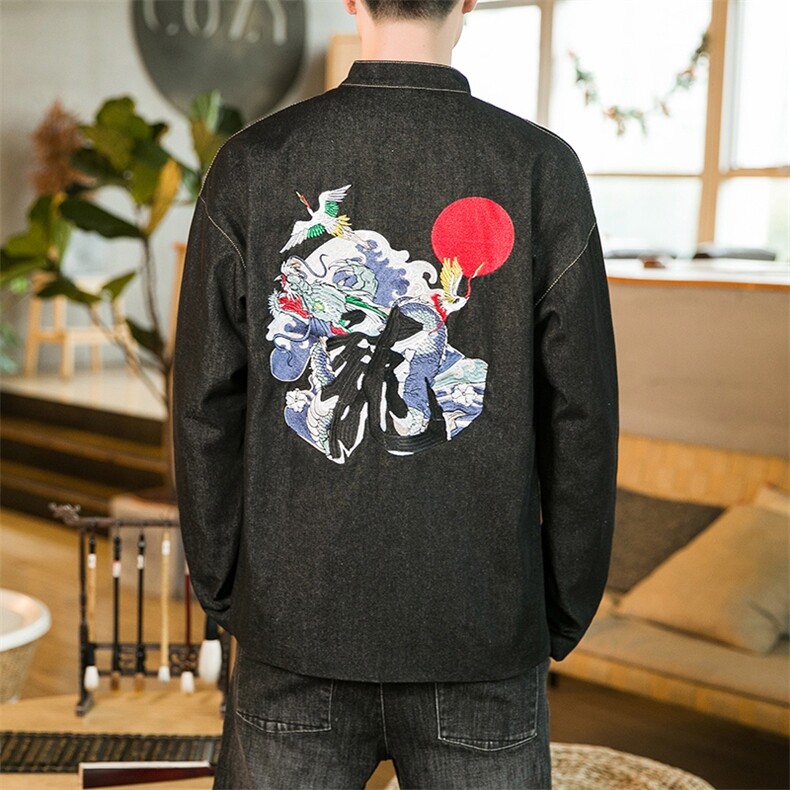秋装大码风牛仔夹克外套手工盘扣刺绣唐装汉服潮JK22/P150,男装夹克,电商A221A