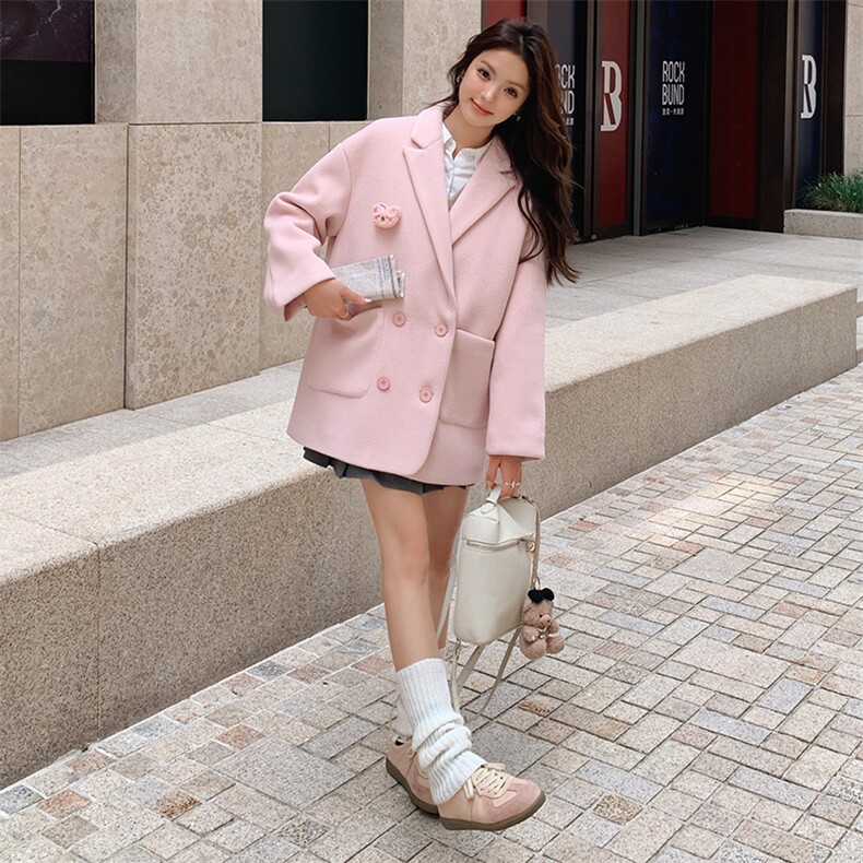 粉色毛呢西装外套春秋女2025新款韩系甜气小个子双面呢小西服,女装西装,天使之佳话