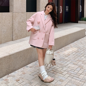 粉色毛呢西装外套春秋女2025新款韩系甜气小个子双面呢小西服图片