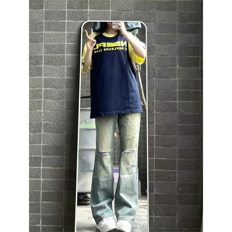 D8262-P48新款2025夏季男女时尚潮牌破洞牛仔裤-网图现货图片