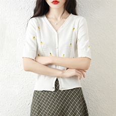 气质清新棉刺绣针织开衫女外搭春季新款短袖V领短款上衣，女装针织衫/毛衣，恒旺羊绒