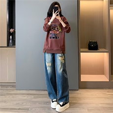 女春新款时尚减龄套装修宽松连帽刺绣卡通上衣破洞牛仔长裤两件套，女装套装/套裙，2C310