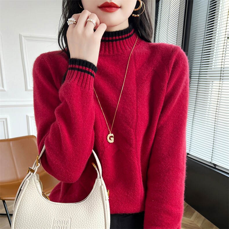 半高领麻花纹女式2024秋冬新款修身显瘦打底羊毛衫,女装羊毛衫,蒙特羊绒
