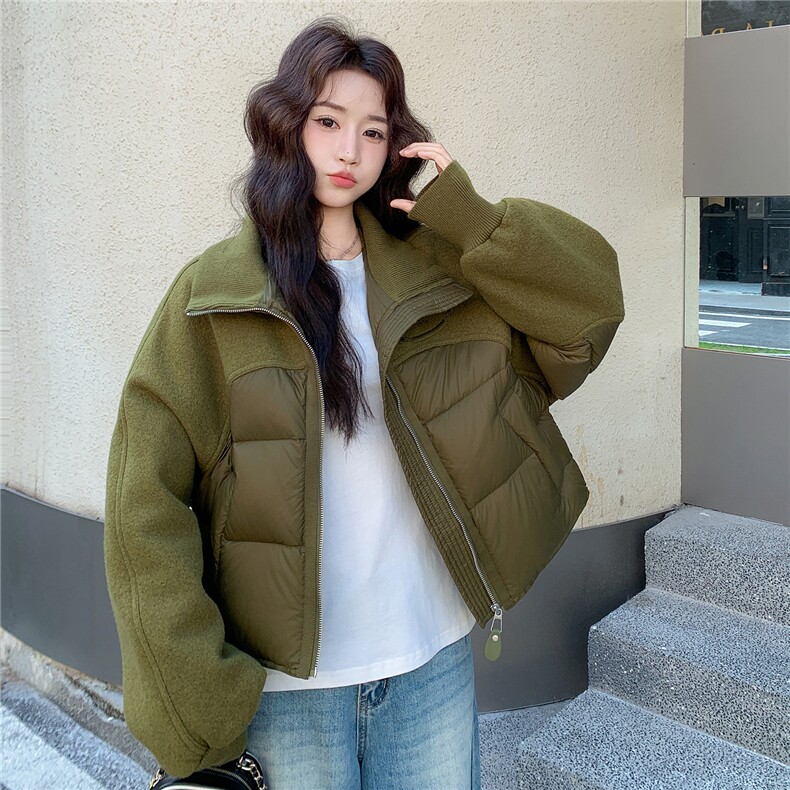 短款立领毛呢拼接羽绒服女2025冬季新款小个子白鸭绒面包服外套潮，女装羽绒服，琦鑫阁（原依鑫阁）