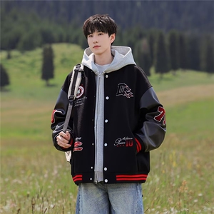 美式高街字母贴布刺绣棒球服男春秋潮牌hiphop设计感痞帅撞色夹克图片
