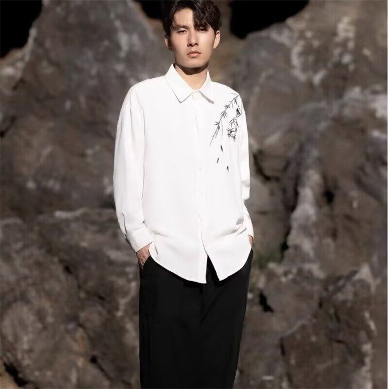 长袖衬衫男秋季新款风花卉刺绣男装潮流时尚修身内搭抗皱衬衣,男装衬衫,星座506A