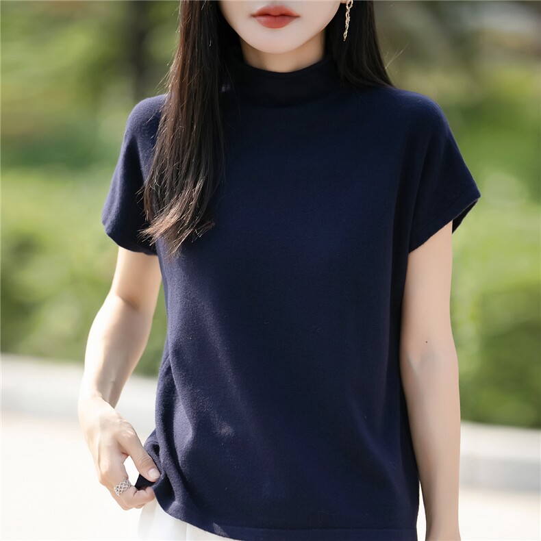 简约半高领包袖针织衫薄款早秋打底衫内搭薄短袖毛衣复古时尚上衣,女装T恤,佳绒包芯纱店