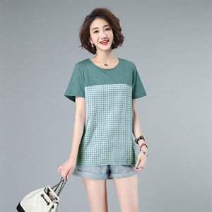 2021夏款大码女装格子拼接上衣3201款图片