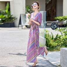 法式气质浪漫印花连衣裙女2025夏季新款收腰显瘦度假风V领长裙子，女装连衣裙，沁沁公主