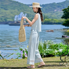 2026夏新款亚麻重工刺绣蕾丝花边拼接马甲阔腿裤套装，女装套装/套裙，瑶迪依秀