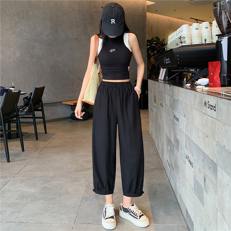 2024夏季新款棉麻九分灯笼裤女小个子高腰八分休闲裤薄款萝卜裤,女装休闲裤,梦白服饰厂