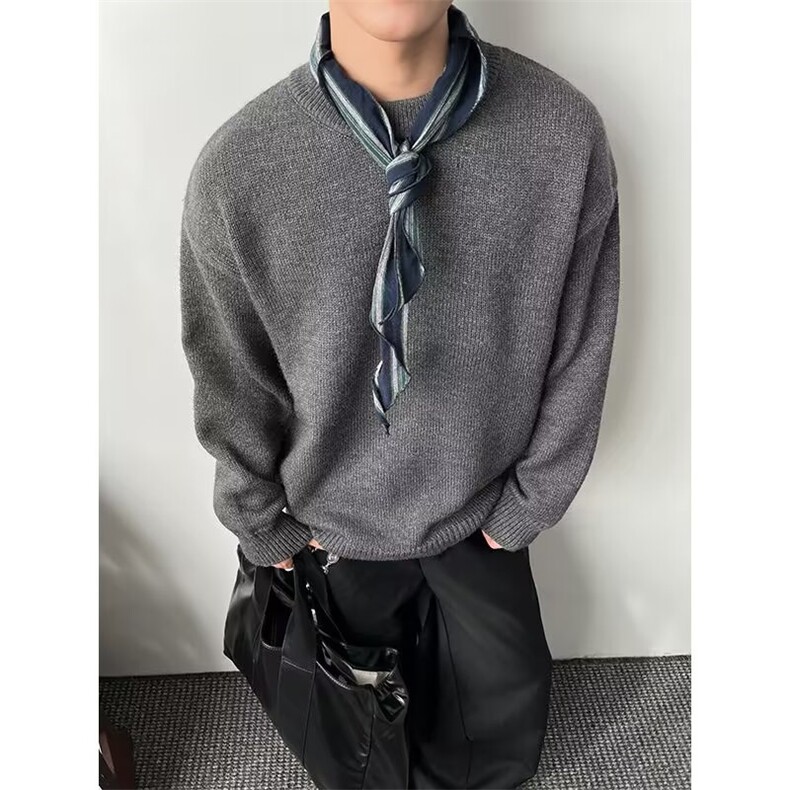 慵懒文艺新款冬季百搭宽松慵懒风假两件撞色灰色圆领针织毛衣男,男装针织衫/毛衣,星座506A