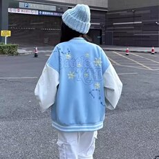 慵懒潮牌刺绣棒球服男新款魔术贴夹克拼接PU皮落肩外套宽松新款，男装夹克，星座506A