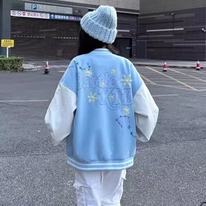 慵懒潮牌刺绣棒球服男新款魔术贴夹克拼接PU皮落肩外套宽松新款图片