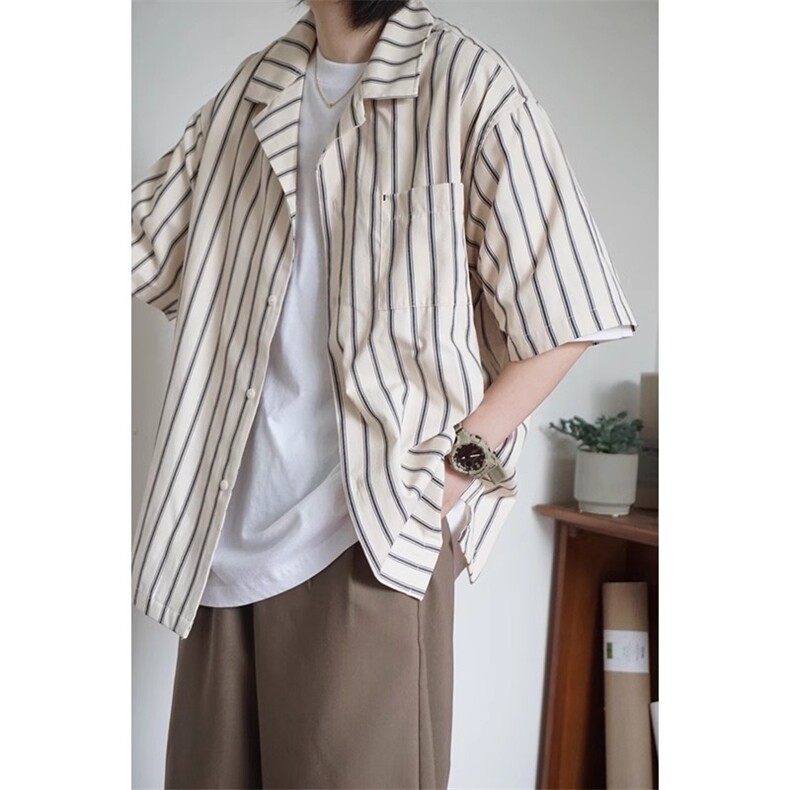 cityboy日系复古vintage古巴领条纹短袖衬衫男休闲宽松高级感衬衣图片