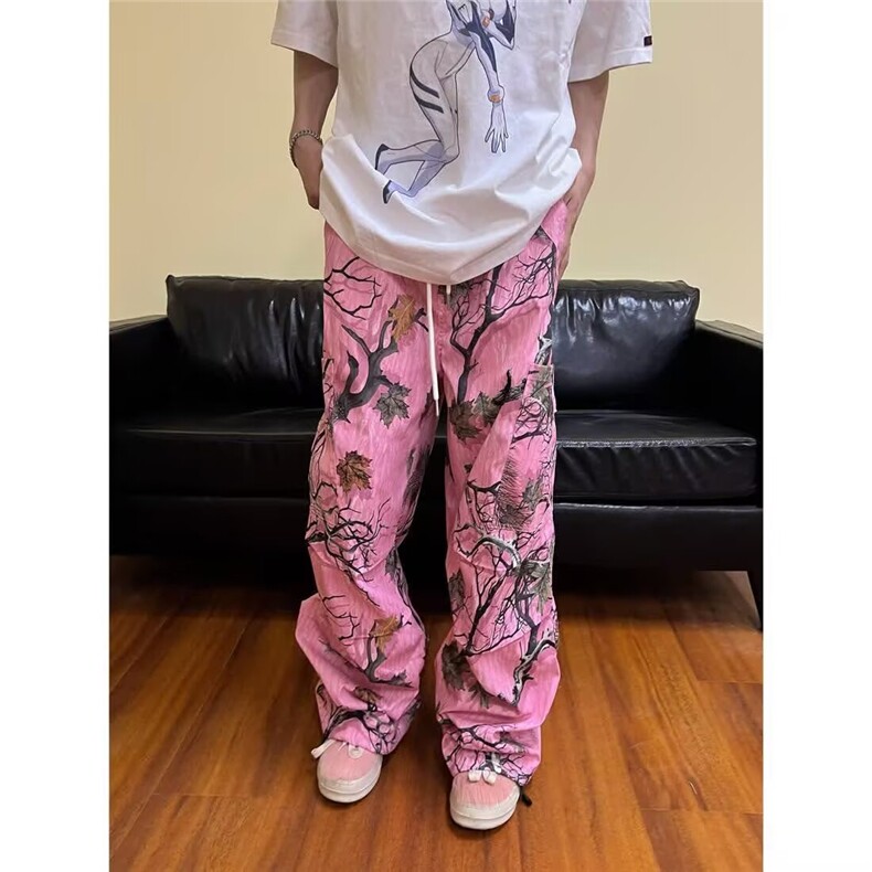多巴胺美式复古树枝涂鸦休闲裤男女春秋季宽松迷彩印花直筒工装裤,男装工装外套,星座1210-1