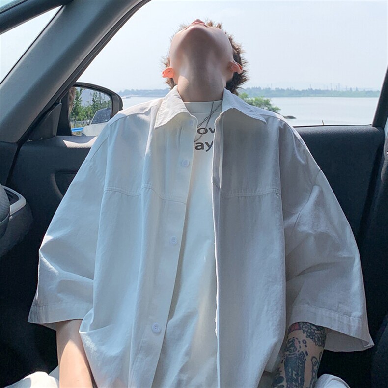 七分袖白衬衫男生夏季2025新款美式cleanfit潮牌纯棉大码情侣衬衣,男装衬衫,电商A022