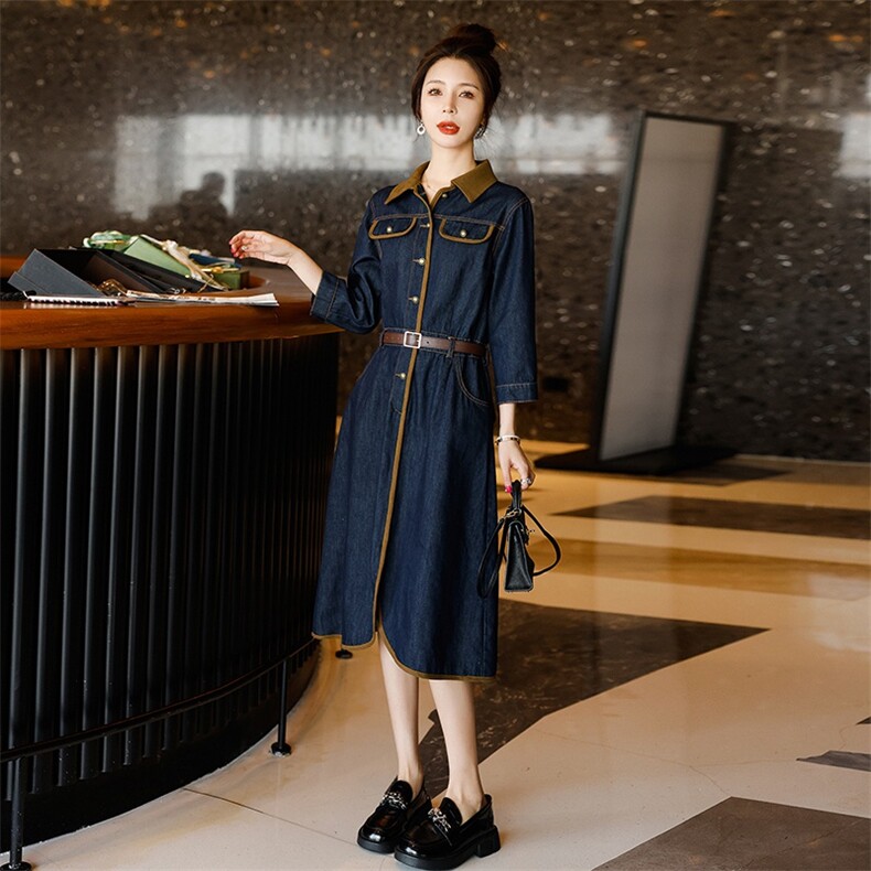 时尚显瘦牛仔连衣裙女新款气质长袖修身A字裙百搭休闲裙,女装连衣裙,秋水欣儿
