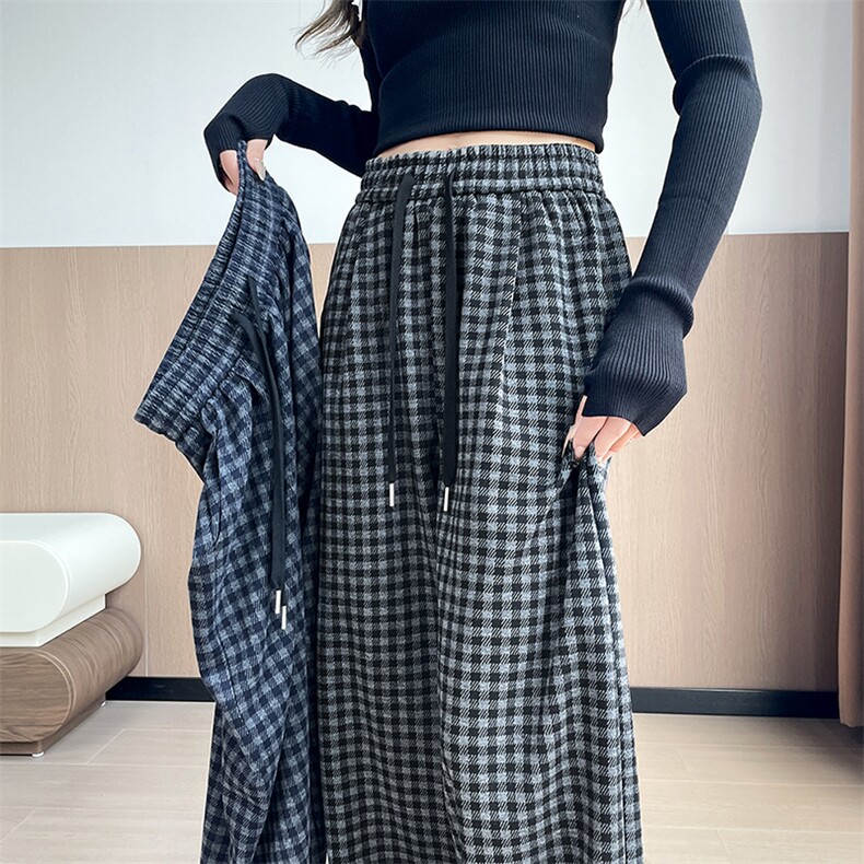 休闲直筒高腰复古格子裤女宽松抽绳阔腿慵懒风加长阔腿裤,女装休闲裤,云美莎专业女裤-全店现货