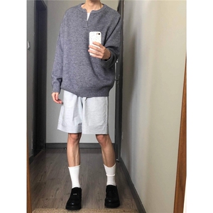 小V领套头毛衣男秋季韩版宽松慵懒风纯色针织上衣情侣,哥特风格穿搭男夏季裤子图片