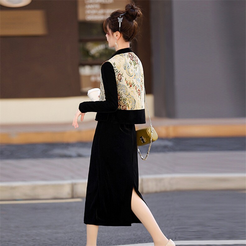 TZ0788田原~特新中式国风套装提花盘扣马甲丝绒连衣裙两件套,女装套装/套裙,奕薇雅