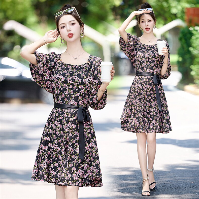 韩版时尚碎花连衣裙A字裙2024夏季新款宽松显瘦小个子高级感女裙，女装连衣裙，布芭啦