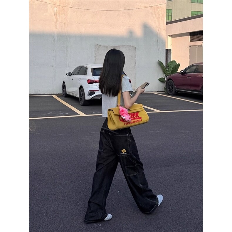 URKR刺绣解构廓形原牛仔裤男女宽松直筒裤子美式复古黑色休闲裤潮,男装休闲裤,星座1210-1