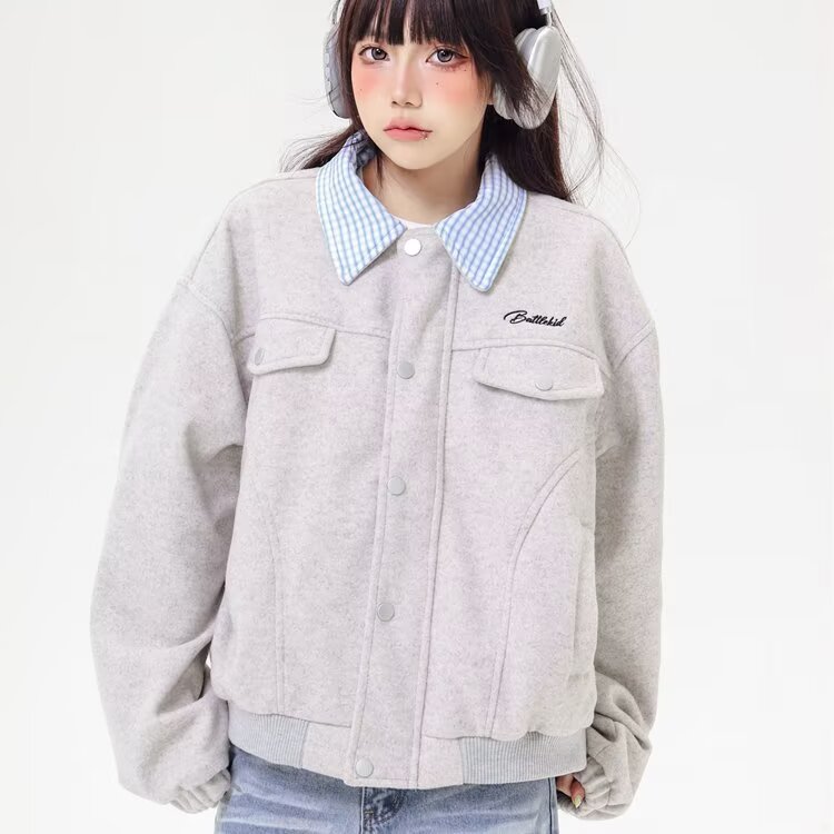 美式复古棒球服外套女春秋季新款设计感毛呢翻领宽松上衣夹克简约,男装夹克,星座1210-1