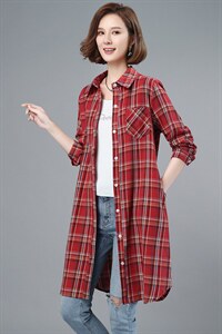 2021春季新款时尚百搭休闲舒适长款格子衬衫图片