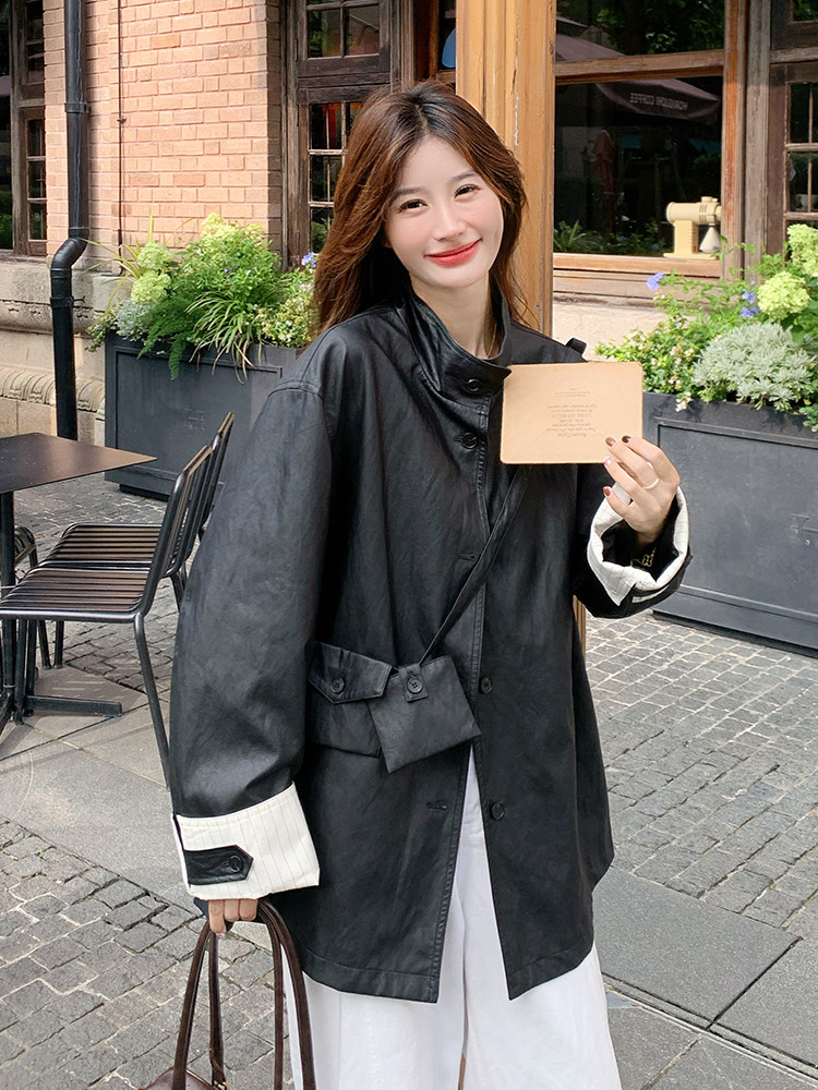设计感黑色皮衣外套女2025秋新款小个子休闲减龄今年流行机车夹克,女装皮衣,2D034