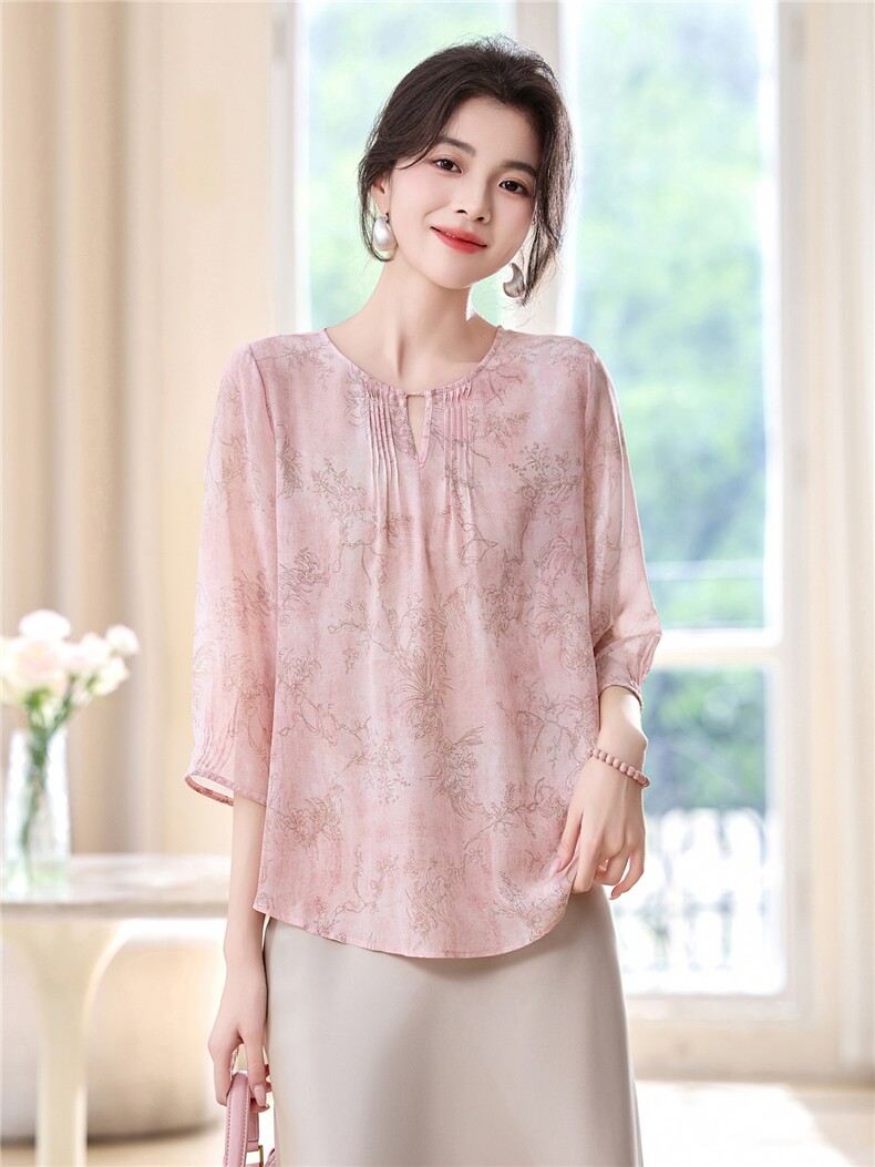 时尚轻奢高级感真丝衬衫女2025夏装新款03双绉桑蚕丝上衣印花小衫,女装衬衫,阿舍尔精品