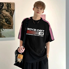抖音得物品质二开240克宽松纯棉美式潮牌印花三条杠中性风短袖T恤，男装T恤，电商A486
