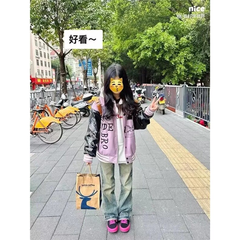 春秋季美式复古撞色pu拼皮棒球服外套潮牌宽松刺绣飞行员夹克,男装夹克,星座506A