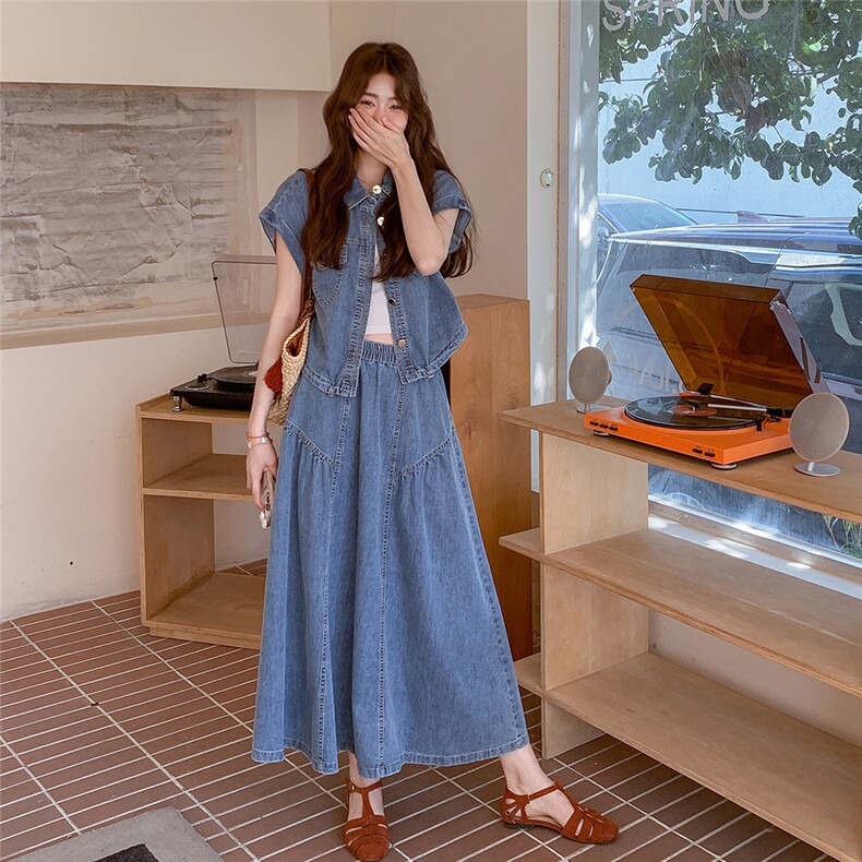 设计感小众牛仔衬衫时尚套装女2025夏季新款高腰显瘦半身裙两件套图片