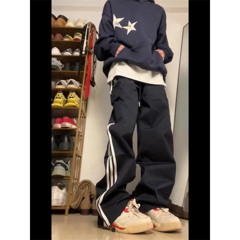潮美式高街三条杠侧边条纹工装裤男潮牌宽松直筒休闲长裤ins潮图片