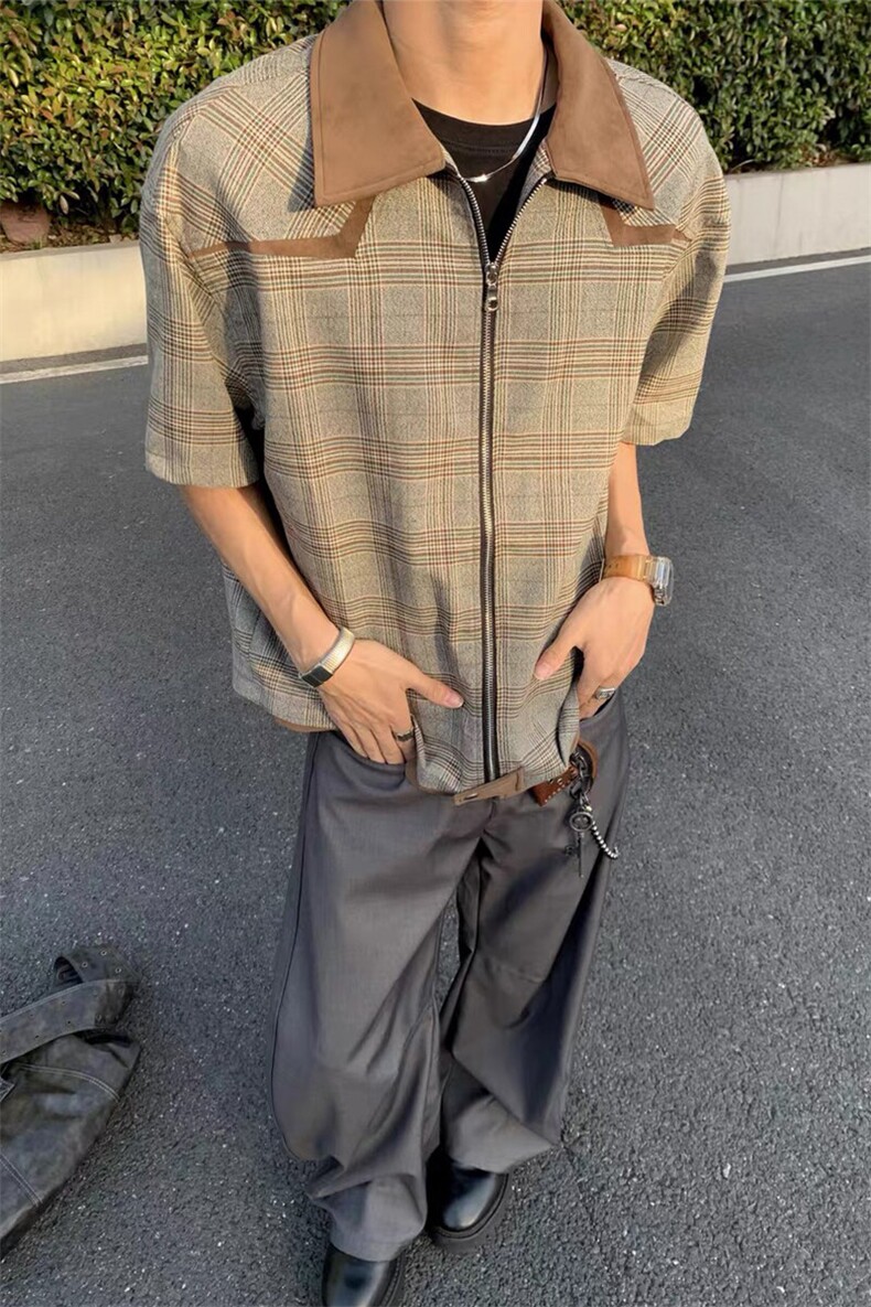 自制~高品质千鸟格拼皮领解构短袖休闲衬衫CS7798P55,男装T恤,星座908