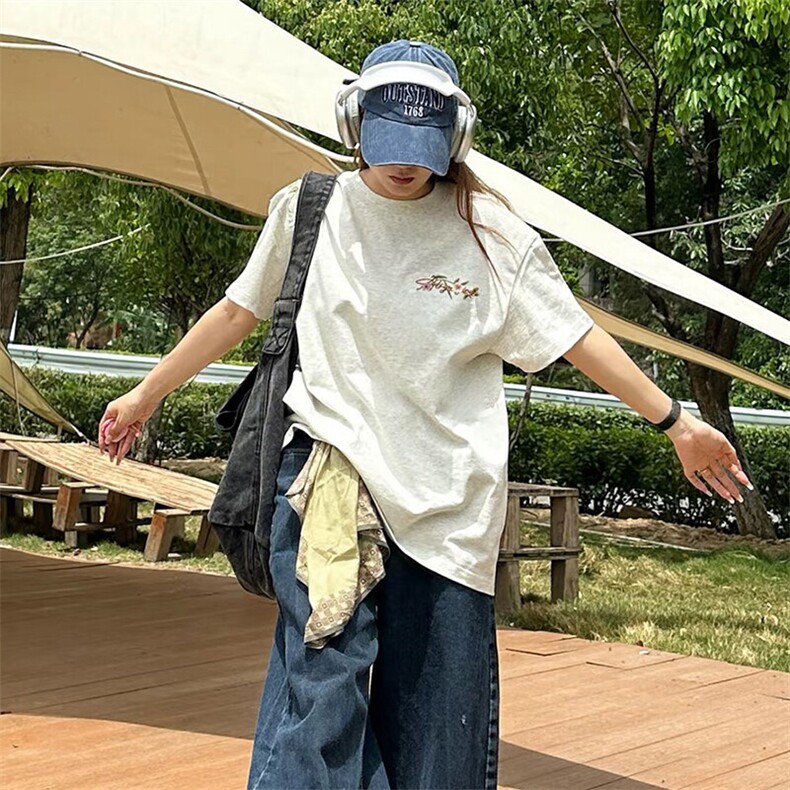 万针全刺绣工艺抖音得物高品质260克重磅纯棉双纱美式高街短袖T恤,男装T恤,电商A486