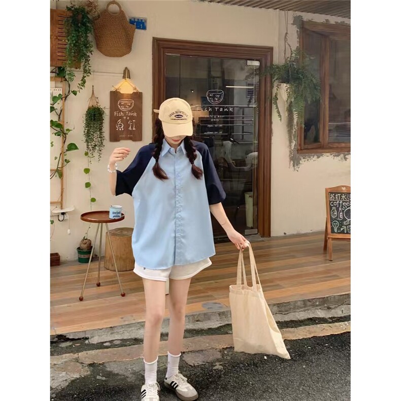 夏季低饱和色系复古插肩短袖衬衫女2025年情侣百搭刺绣Polo领上衣,男装衬衫,星座1210-1