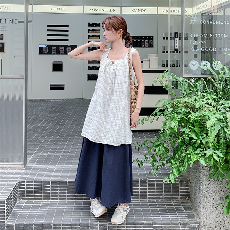 韩版格纹背心上衣阔腿裤套装女2025夏季新款松弛感休闲减龄两件套图片