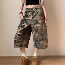 大码美式破洞补丁直筒迷彩七分牛仔裤女设计感宽松显瘦休闲阔腿裤，男装牛仔裤，星座506A