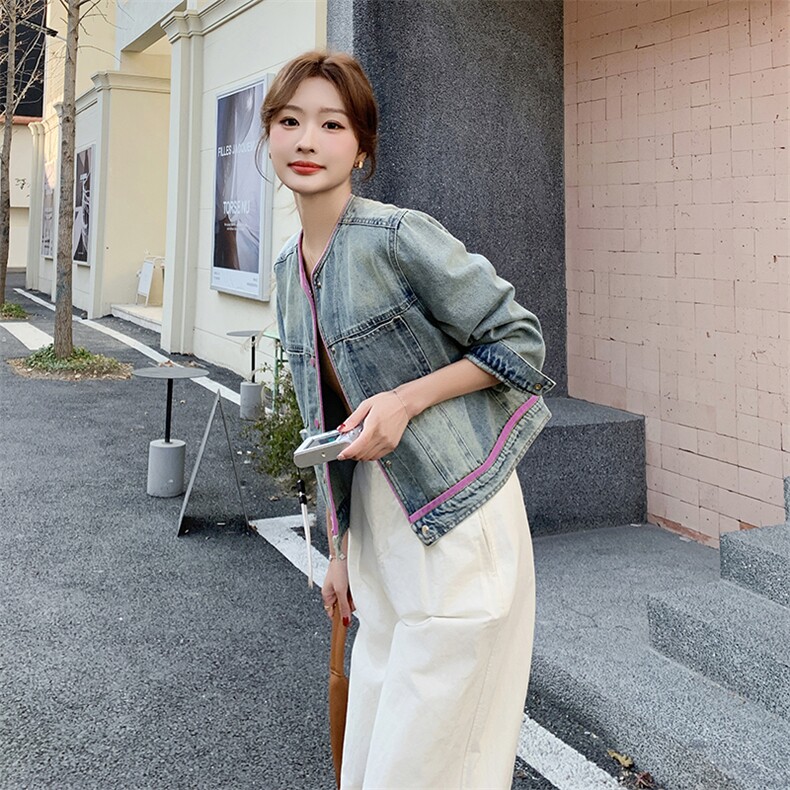 韩版休闲圆领撞色牛仔外套女2025早春新款小个子减龄宽松夹克上衣,女装牛仔外套,蝶眷