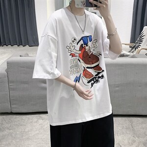 港风ins设计款嘻哈印花短袖T恤大码宽松男潮517A-1-T911-P28控38图片