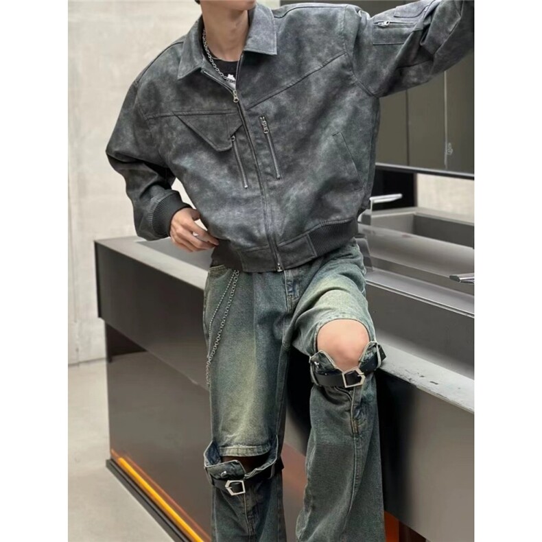 设计感潮外套男女春秋PU皮美式复古机车服夹克高级上衣LG1399-P75图片