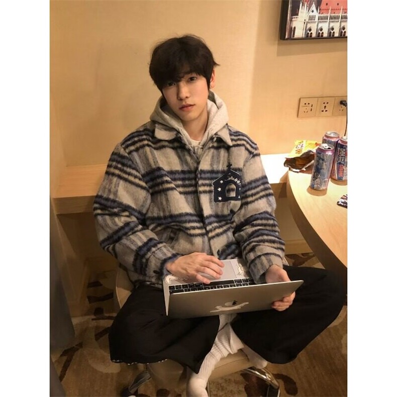 帛跃小香风毛呢外套潮网红撞色少年感日系夹克男生,男装衬衫,星座506A