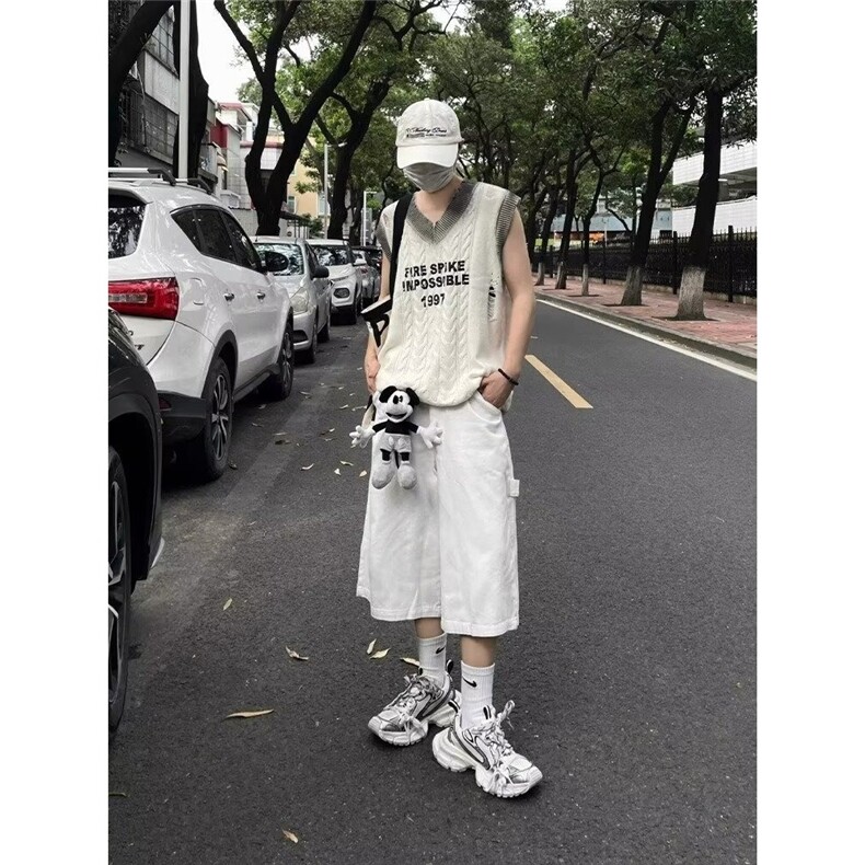 气质原宿简约百搭新款流行文艺ins时尚慵懒无品牌白色七分裤潮流,男装牛仔裤,星座506A