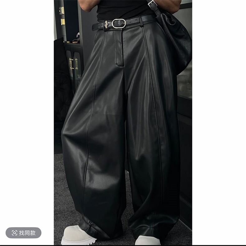 抖音原版面料秋冬潮男阔腿弯刀皮裤宽松长裤K1008-P83(网图），男装皮裤，电商B267
