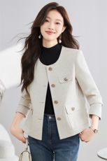 促销2025春季时髦小香风休闲淑女气质修身百搭圆领单排扣短外套，女装短外套，时尚风爆