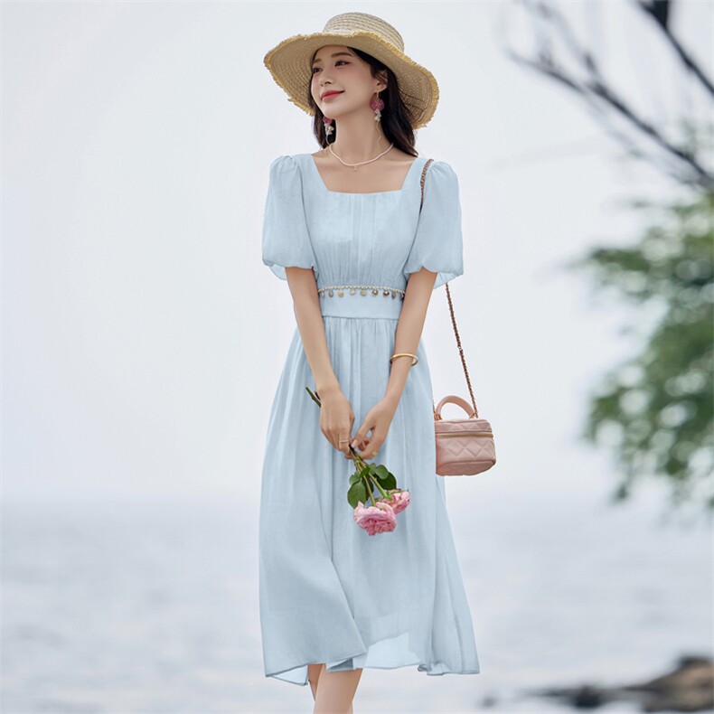 2025夏季方领印花温柔风仙女裙简约设计感泡泡袖高腰连衣裙,商品下架区,贝蕾酷儿