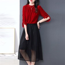 2022现货秋冬新款打底裙子条金丝绒上衣收腰显瘦时尚两件套女装，女装套装/套裙，韩然一族