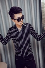 痞帅小伙V领竖条纹经典休闲男士长袖衬衫C016C/P55控75，男装衬衫，电商A243